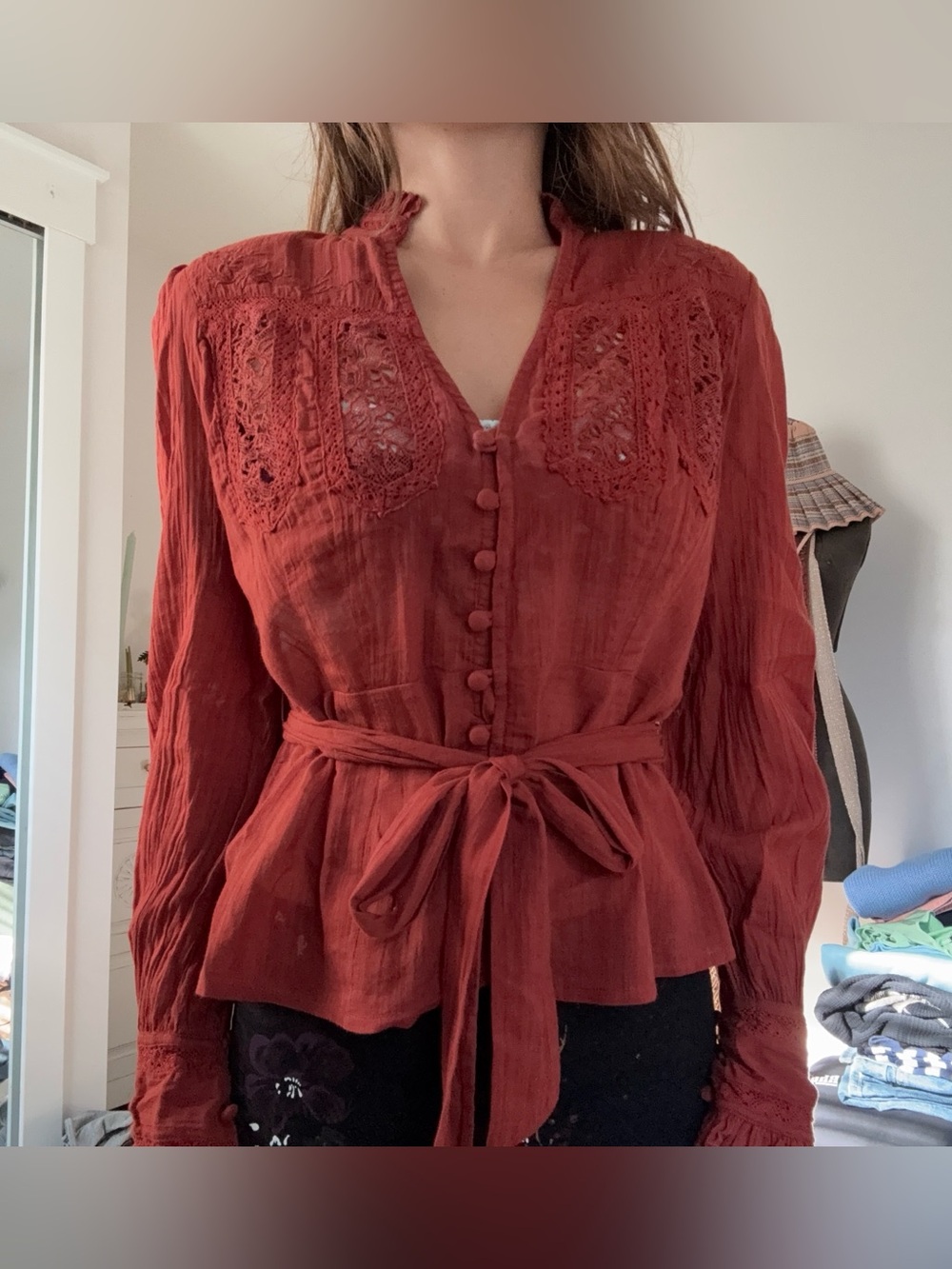 Free People Rust Orange Cotton Lace Embroidered Peasant Blouse M